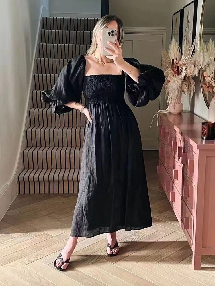 Lizakosht Women New Vintage Style Square Collar Long Puff Sleeve Off the Shoulder Lady Linen Midi Dress