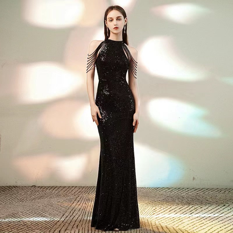 Elegant Chain Sequin Slim Dress Summer Women Fashion Hollow Out Off Shoulder Skinny Club Dresses Ladies Sleeveless Party Dress