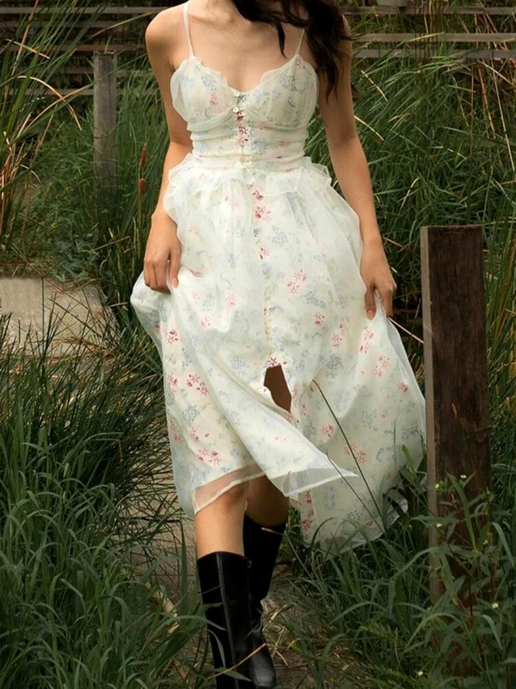 GypsyLady Floral Elegant Chic Summer Dress Boho White Women Midi Dress Sleeveless V-neck Ruffles Holiday Casual Ladies Dresses