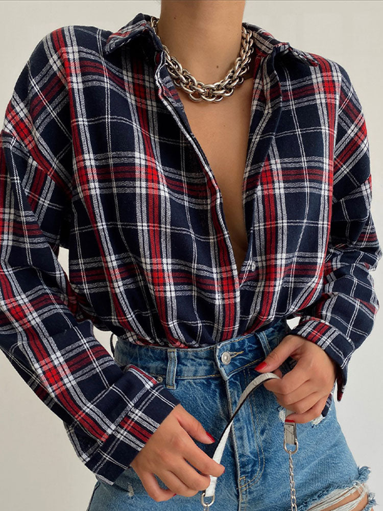 Lizakosht Women Casual Red Plaid Shirt Loose Lapel Single-breasted Mid-length Blouse Autumn Fashionable Ladies Tops Clothes