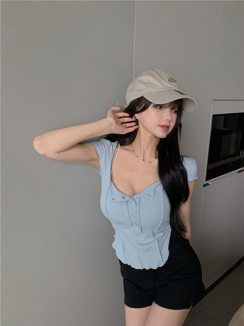 Irregular Waist Y2k T-shirt Short Slim Bottoming Summer T-shirt Square Neck Short Sleeve Crop Tops