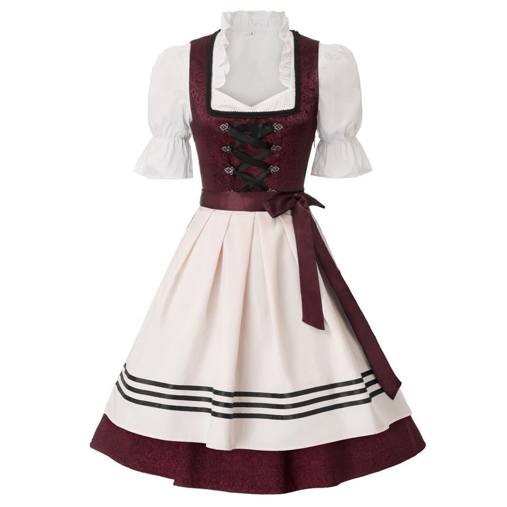 Jasambac Dresses Women Retro 3pcs Set German Bavarian Oktoberfest Costumes Tops+Dress+Apron Gothic Maid Outfit Summer Dress