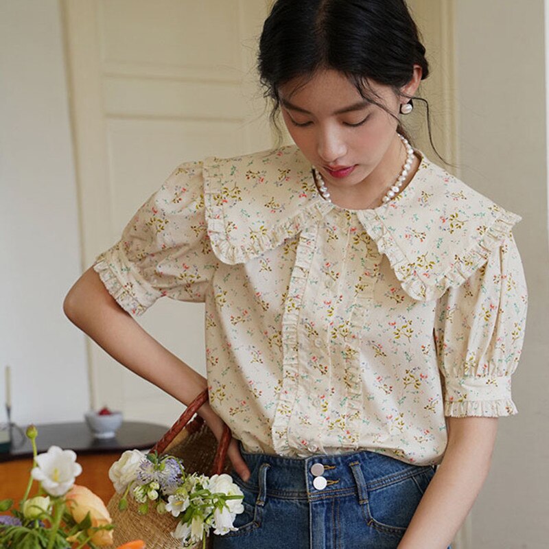 Lizakosht Japan Style Lady Print Shirt Summer Sweet Peter Pan Collar Ruffles Lantern Sleeve Retro Chic Shirts Mori Girl Blusas Female Tops