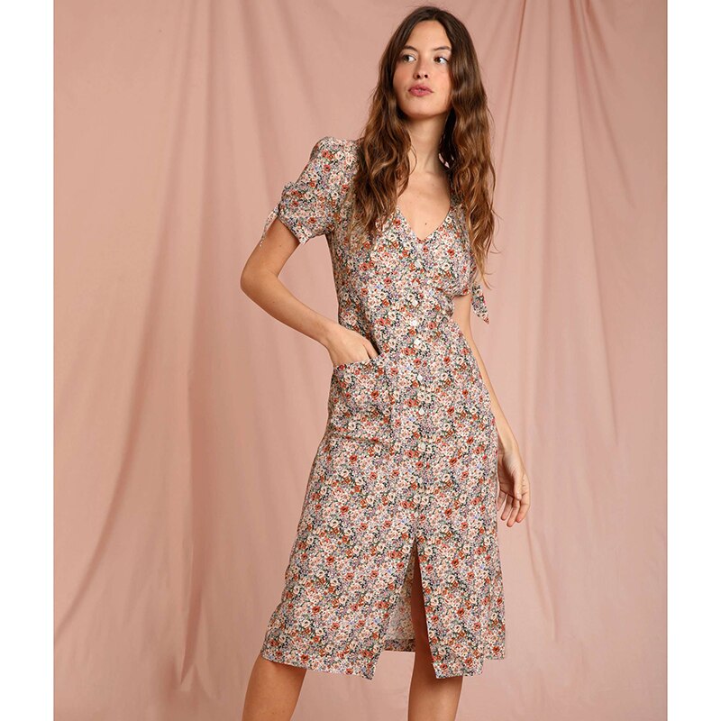 Polka Dot Print Midi Dress Woman Elegant Embroidery Short Sleeve V-neck Vestidos 2022 Summer Femme Vintage Casual Long Robes