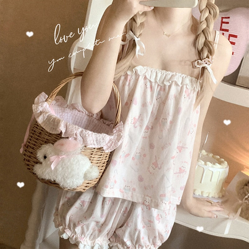 Lizakosht Cute Pajama Set Women Cotton Rabbit Homewear Sleeveless Tops Shorts 2 Piece Set Sleepwear Kawaii Clothes Sweet Girls Nightwear