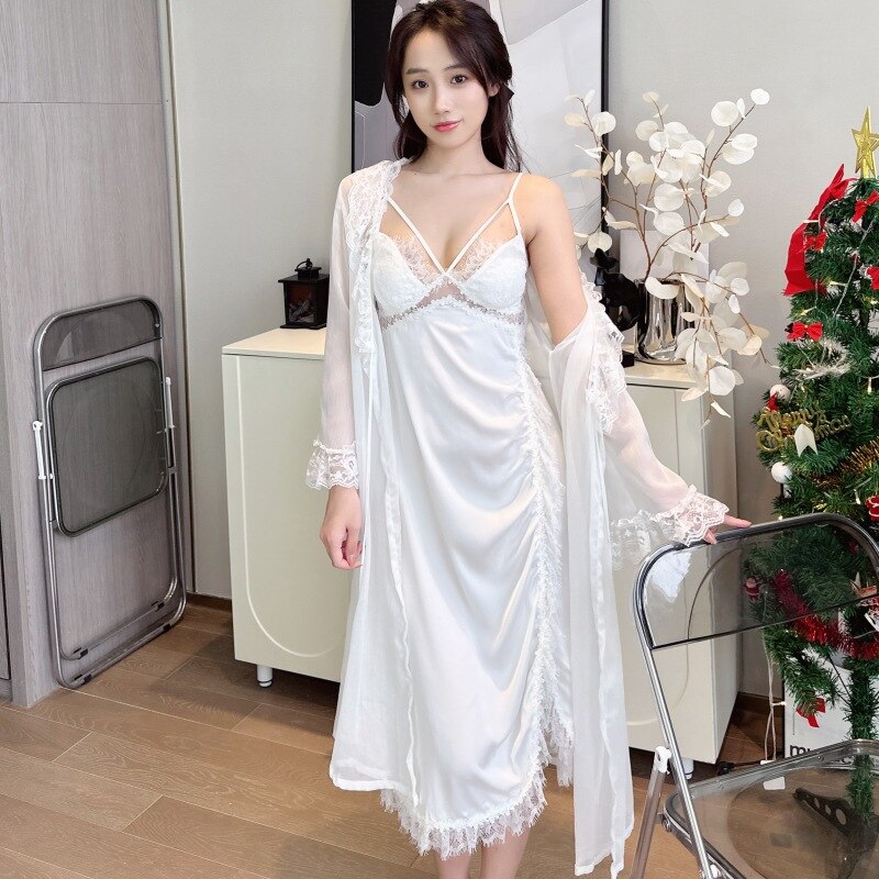 Lizakosht Bride White Bathrobe Gown Sleep Suit Summer Women 2PCS Robe Set Nightdress Lingerie Lace Satin Sleepwear Kimono Loungewear