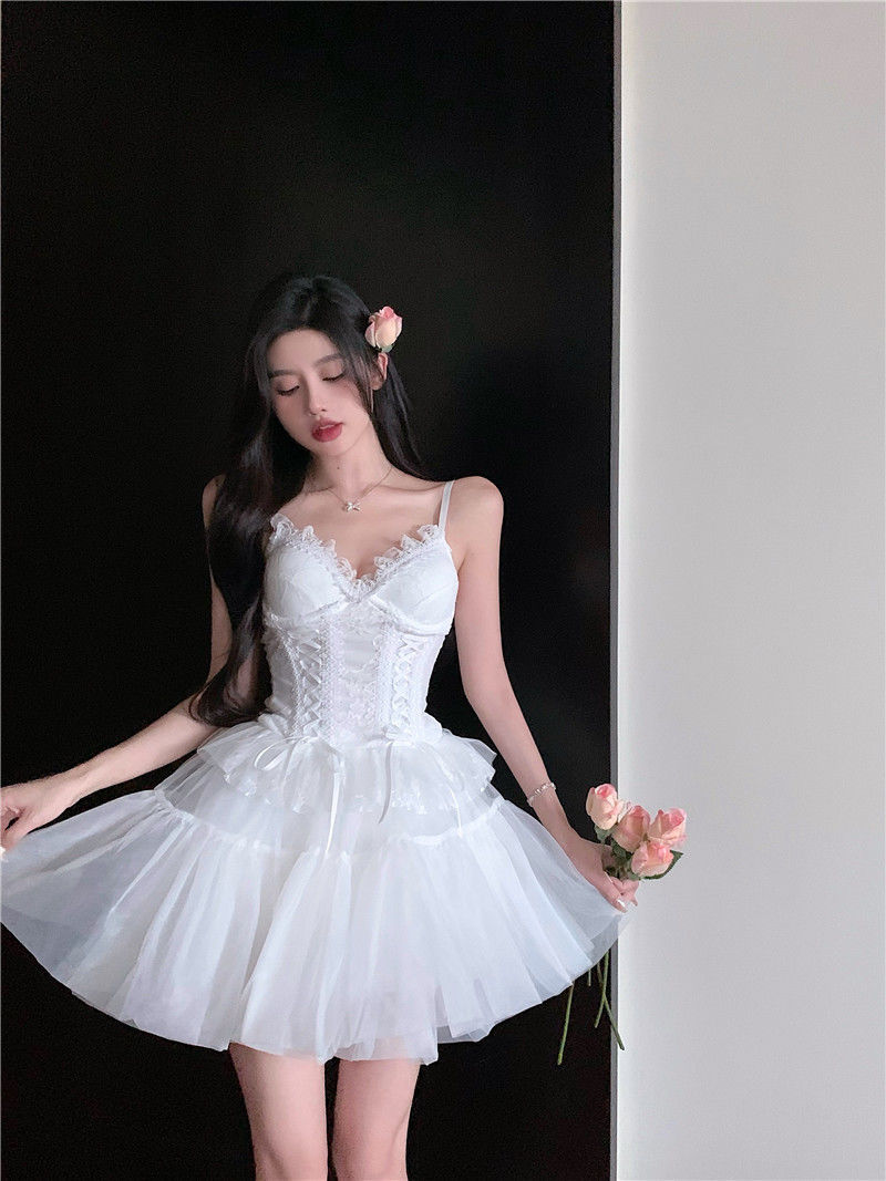 Dress Sets Sexy Two Piece Set Women Lace White Slim Bandage Camis Crop Top Summer Party Cute Mesh Fluffy Tutu Skirt