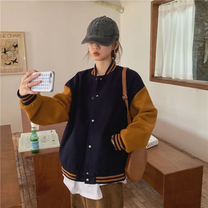 Vintage Baseball Jacket Coat Women Oversized 2022 Spring Korean Loose Patchwork Pocket Outerwear Girls Tops Sweatshirt