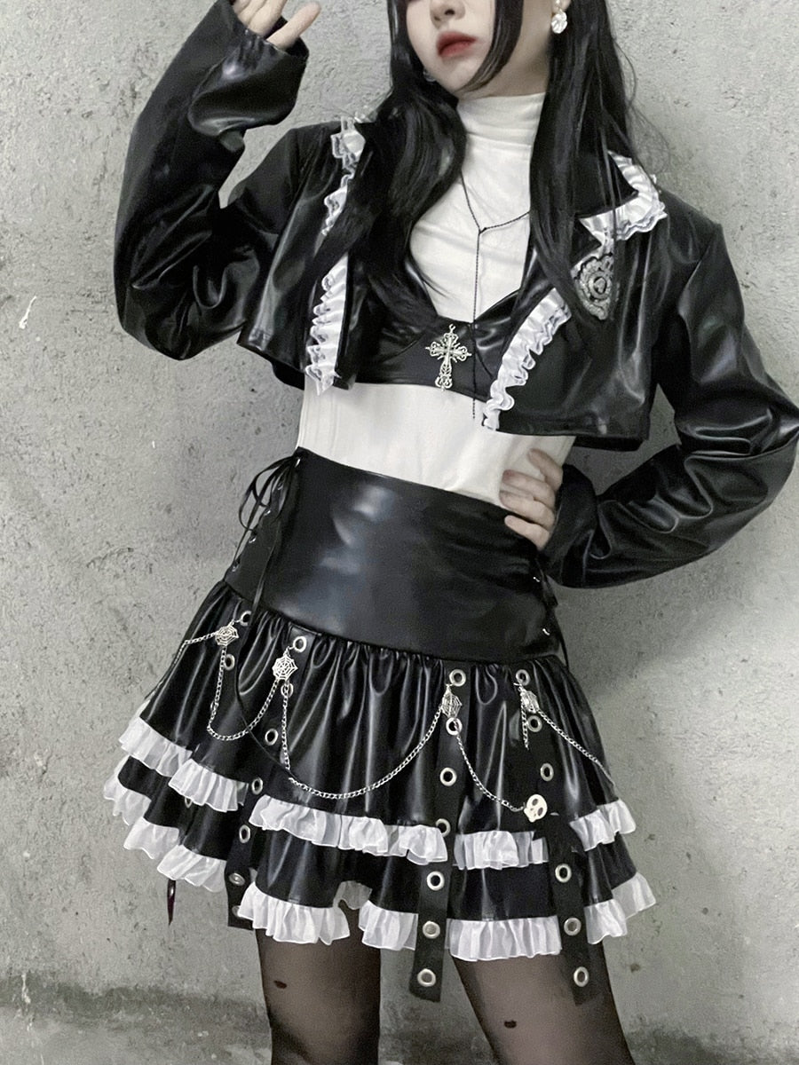 Lizakosht Spring Autumn Hot Girl Y2K Punk Harajuku Leather Skirt Lace A-line Skirt Hot Girl High Waist Gothic Punk Black Mini Skirt