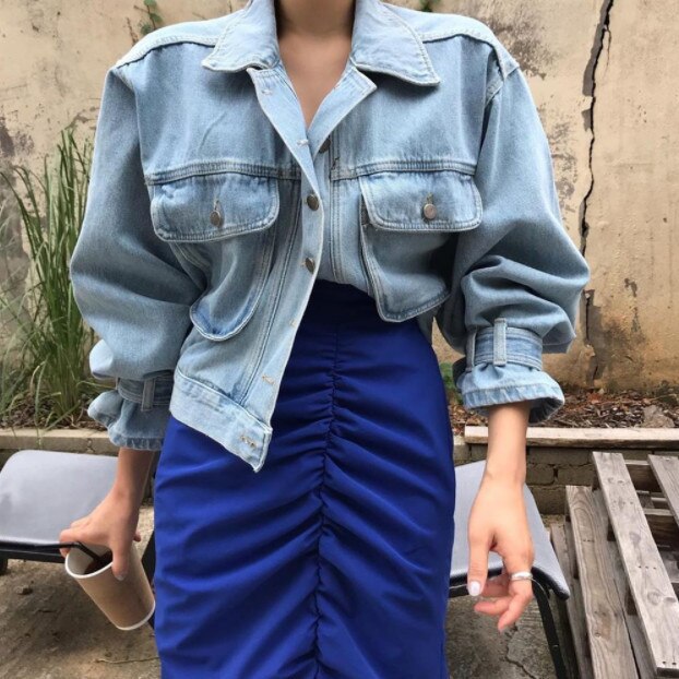 Coats Jackets Women Top 2022 Sexy Puff Long Sleeve Y2k Clothes Cropped Jacket Streetwear Women's Denim Shirt