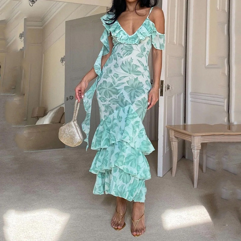 Lizakosht Casual Fashon Women Slim Beach Long Dress Ladies Elegant Summer New Dress Sexy Printed Ruffle Strapls V Neck Chiffon Party Dress