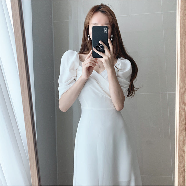 Summer Women Korean Style Chic Sweet  Puff Sleeve Dress Female Lace Up Elegant Clothes