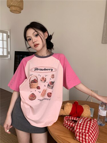 Lizakosht Color Block Raglan Sleeve Strawberry Cute T Shirts Loose Oversized Fashion Tops Summer Cotton Kawaii Tee Korean Harajuku Couples