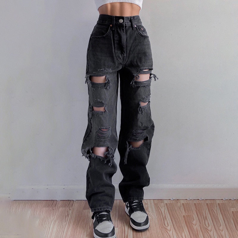 Chunky Dunky High Waist Ripped Jeans Raw Edge Loose Straight Pants Washed Black Denim Trousers Street Style Women's