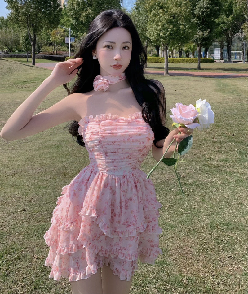 Casual Strapless Sexy Summer Dresses For Women 2022 Korean Floral Print Chiffon Beach Holiday Mini Dress Elegant Party Dress