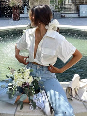 Lizakosht Pockets Turn Down Collar Shirt Crop Top Cotton Linen White High Fashion Blusa Mujer Loose Casual Summer Spring Blouse