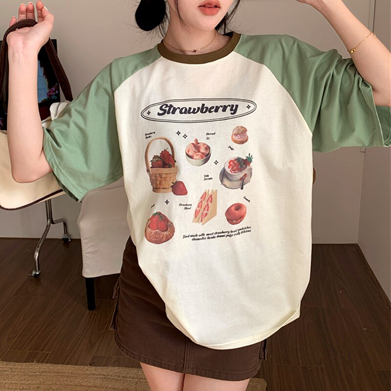 Lizakosht Color Block Raglan Sleeve Strawberry Cute T Shirts Loose Oversized Fashion Tops Summer Cotton Kawaii Tee Korean Harajuku Couples