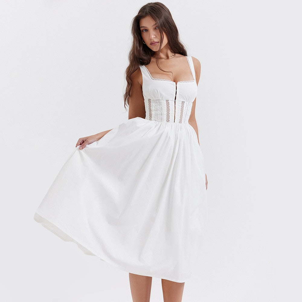 Lizakosht lace trim midi dress Slim fit square neck straps summer dress new white sexy ladies party dress retro dress women