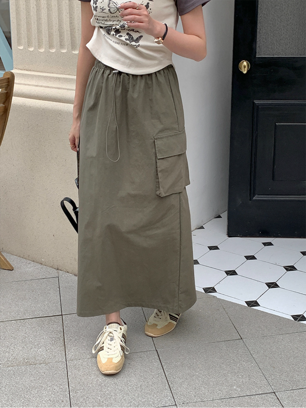 Lizakosht Y2K Drawstring Cargo Skirts for Women Side Pockets Elastic High Waist Streetwear Casual Skirt Korean Girls Summer Fashion