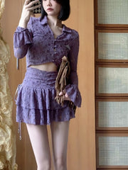 Lizakosht Purple France Vintage Two Piece Set Women Summer Lace Sexy Mini Skirt Suit Female Korean Fashion Hight Waist Skirt Suit New