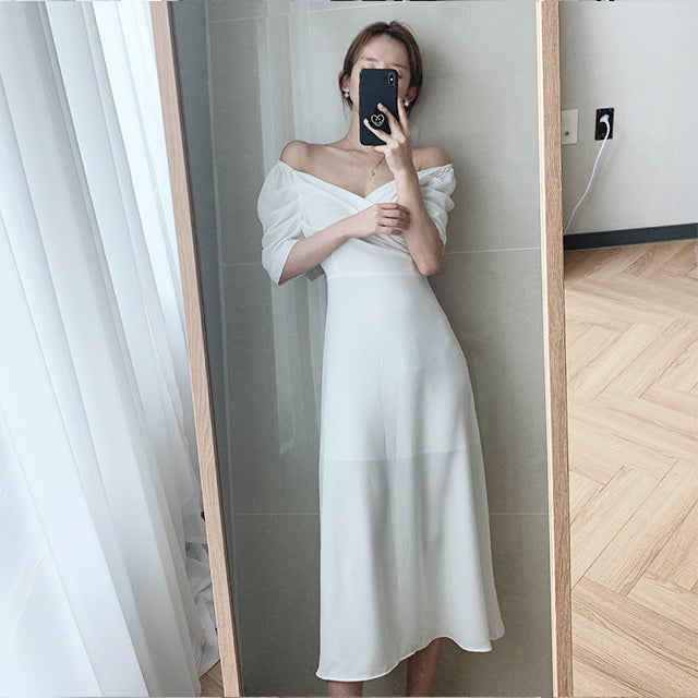 Summer Women Korean Style Chic Sweet  Puff Sleeve Dress Female Lace Up Elegant Clothes