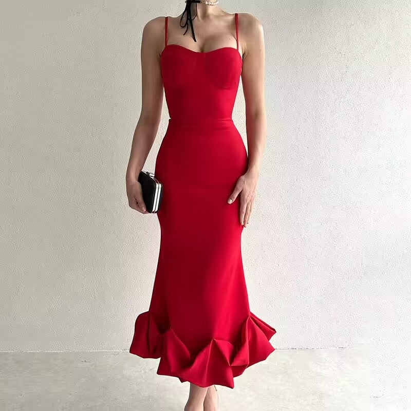 Lizakosht Sexy Sleeveless Backless Midi Dress Women Summer Fashion Bodycon Elegant Ruffles Eged Birthday Party Club Pencil Dess