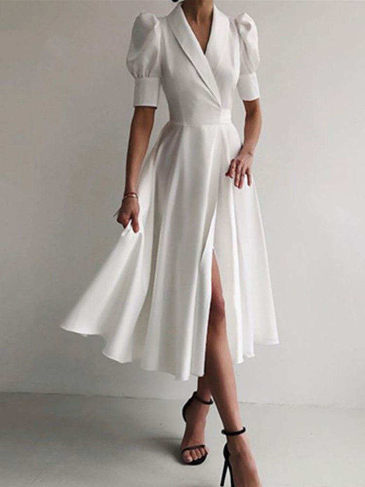 Lizakosht  Elegant Solid Turn-Down Puff Short Sleeve Dress Lady High Waist Split A-Line Party Dress Fashion Summer Pleated Satin Slim Dress