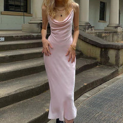 HOUZHOU Sexy Low Cut Summer Dress Woman Elegant Pink Sexy Bodycon Slim High Slit Velvet Spaghetti Strap Vintage Midi Long Dress