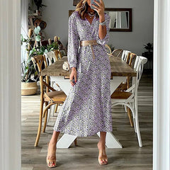 New Autumn Pattern Print Waisted Party Dress Elegant Casual V Neck Long Sleeve Dress Spring Commute Slim A-Line Boho Maxi Dress