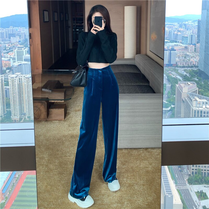 Lizakosht Winter Velvet Elegant Y2k Pants Women Solid Casual Korean Style Wide-legged Pants Loose Casual Designer High-waist Trousers