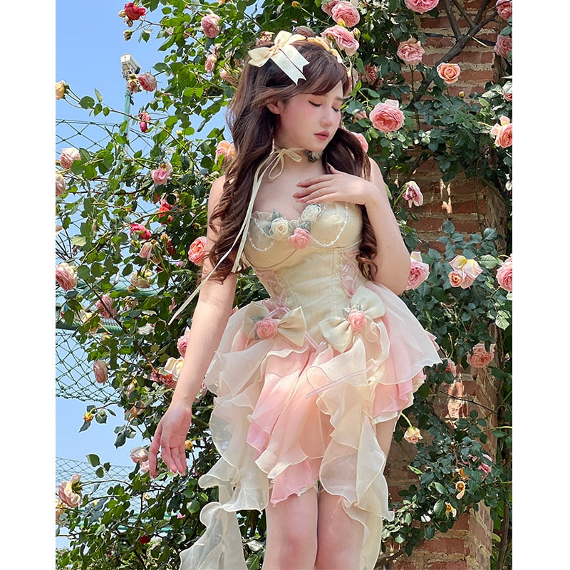 Lizakosht Victorian Vintage Elegant Lolita Jsk Dress Women Japanese Kawai Pink Bow Bandage Flower Dresses Female Evening Party Fairy Dress