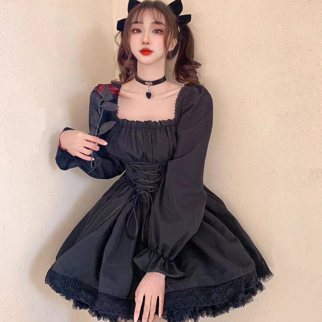 Lizakosht-White Lolita Dress Kawaii Vinatge Long Sleeve Mini Dresses Black Gothic Bandage Lace Patchwork Streetwear Square Collar