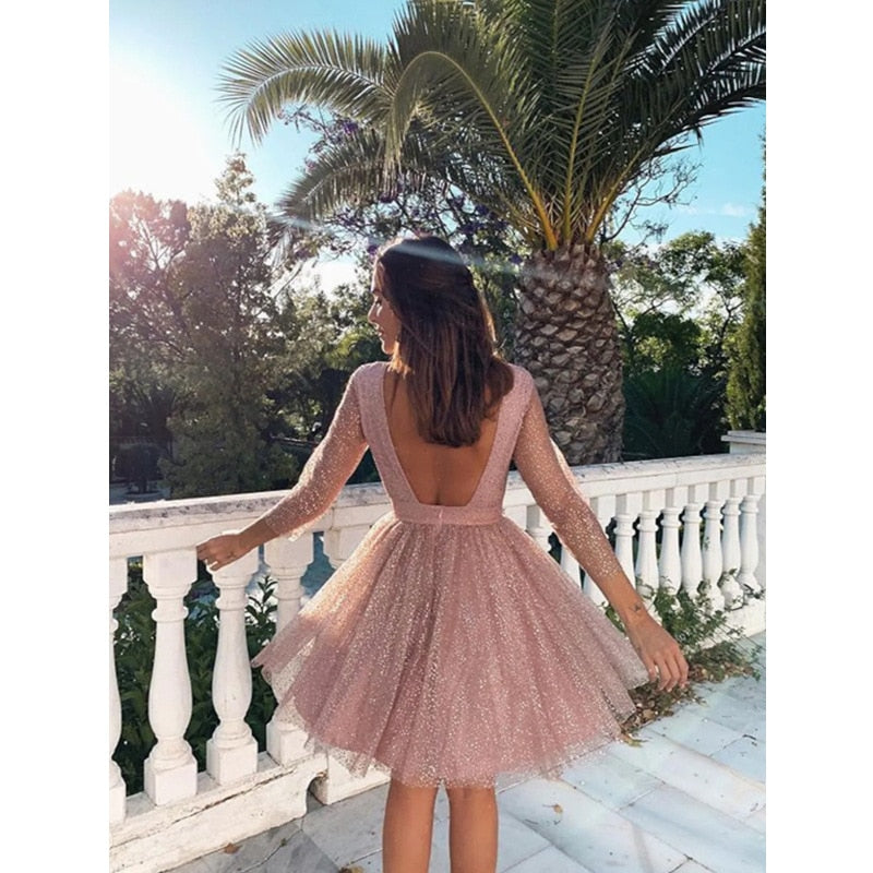 Lizakosht Summer New Ladies Fashion Pink Long Sleeve Evening Dresses High Waist A-Line Backless Party Dresses Women Clothing