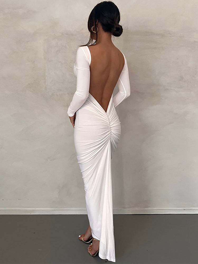 Lizakosht Women Backless Sexy Long Dress White Long Sleeve Ruched Bodycon Autumn Dresses Elegant Ladies Party Wedding Dresses