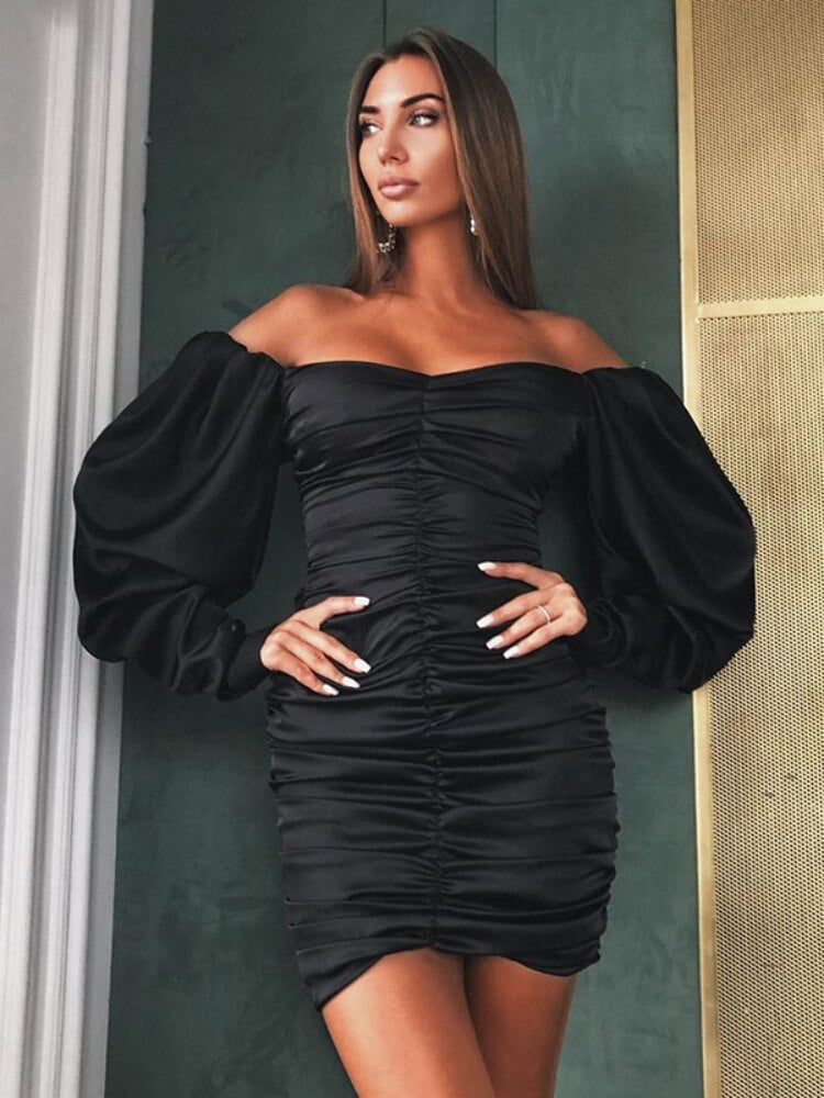 Lizakosht  Long Puff Sleeve Slash Neck Satin Pleated Sexy Mini Dress Autumn Winter Women Solid Party Elegant Streetwear Outfi  Woman Dress