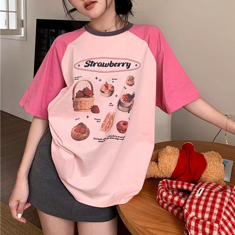 Lizakosht Color Block Raglan Sleeve Strawberry Cute T Shirts Loose Oversized Fashion Tops Summer Cotton Kawaii Tee Korean Harajuku Couples