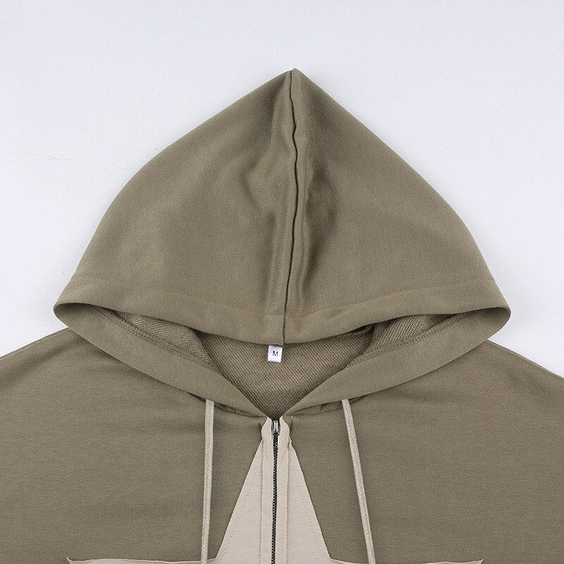 Autumn Hoodies Oversize Y2K Sweatshirts Women Star Hooded Sweatshirt Zipper Cardigan Loose Khaki Print Sweatshirt Coat Jackets