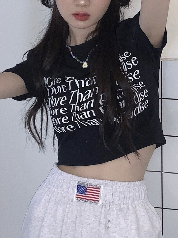 Lizakosht Twisted Letter Print Graphic Tees Women Y2k Crop Top Short Sleeve Korean 2022 Summer Grunge Aesthetic Tee Shirt Femme