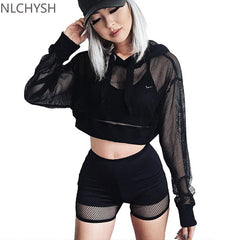 Lizakosht  Women Sexy Mesh Hooded Sweatshirt Spring Autumn Long Sleeve Transparent Fishnet Crop Top 2022 Casual Pullover White Black Tee