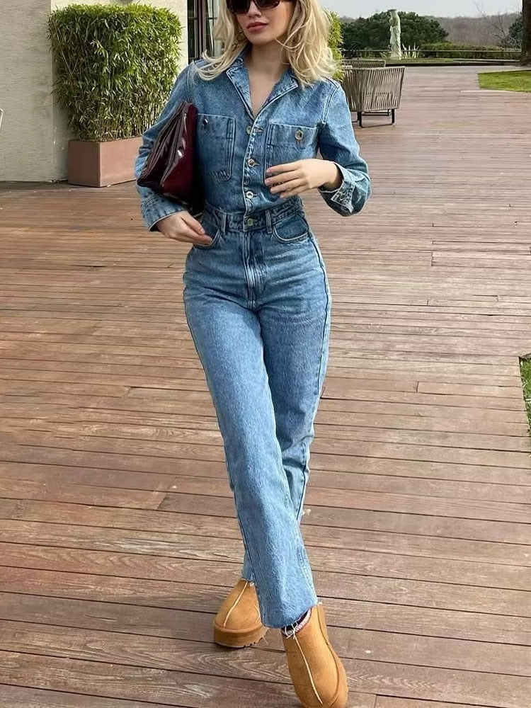 Lizakosht Women 2023 New Chic Fashion Straight Denim jumpsuit Vintage Long Sleeve Female long Jumpsuits Mujer