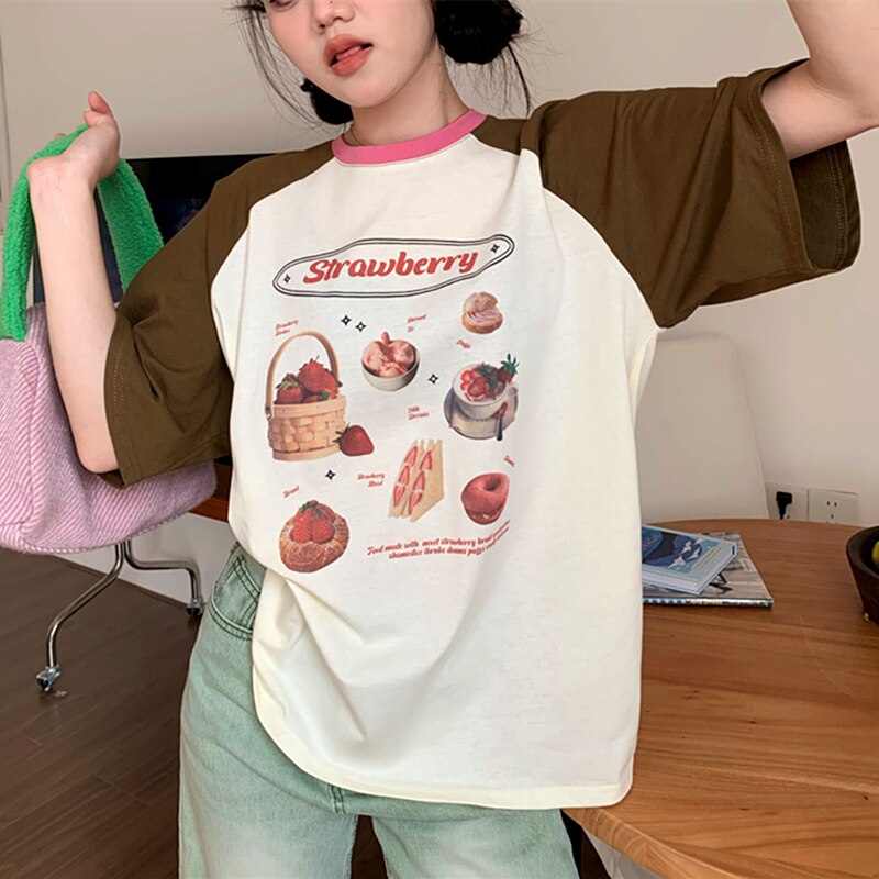 Lizakosht Color Block Raglan Sleeve Strawberry Cute T Shirts Loose Oversized Fashion Tops Summer Cotton Kawaii Tee Korean Harajuku Couples