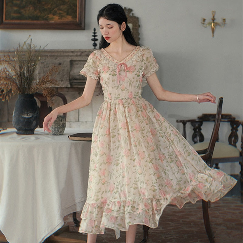 Lizakosht Cottage Mori Girl Print Floral Dress Woman Summer Vingtage French Style Peter Pan Collar Lace Puff Sleeve Dresses Robe Fleurie