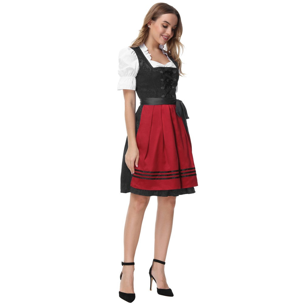 Jasambac Dresses Women Retro 3pcs Set German Bavarian Oktoberfest Costumes Tops+Dress+Apron Gothic Maid Outfit Summer Dress