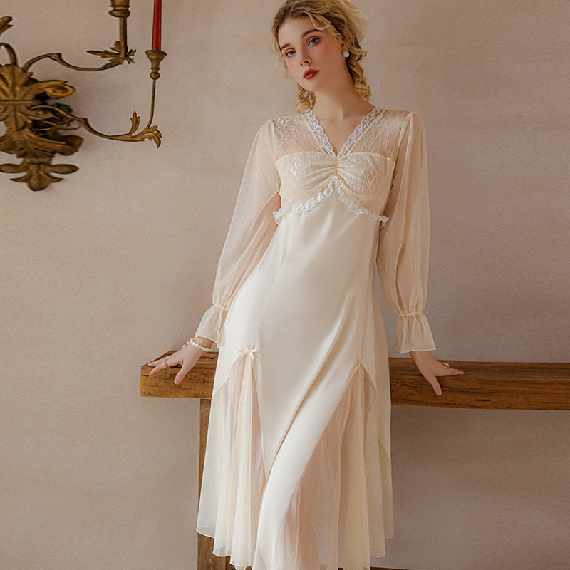 Lizakosht New Silk Nightgown Sleepwear Dress Lady Summer Sleepshirt Long Sleeve Nightdress Loose Women Princess Satin Pajamas