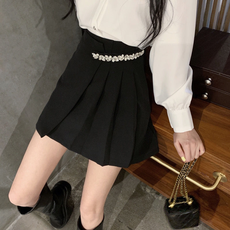 HOUZHOU Black Mini Skirt Women Elegant High Waist Rhinestones Patchwork Irregular Pleated Skirt Korean Fashion Office Wear Women