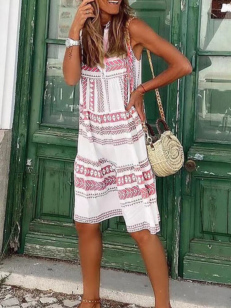 Lizakosht  Elegant Casual V Neck A-Line Party Dress New Summer Harajuku Pattern Print Sleeveless Dress Fashion Loose Simple Boho Mini Dress