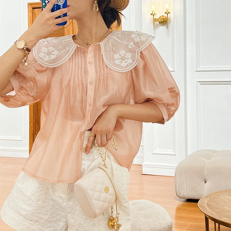 GypsyLady Elegant Chic White Blouse Shirt Loose Floral Embroidery Summer Women Blouse Lantern Sleeve Beading Office Ladies Tops