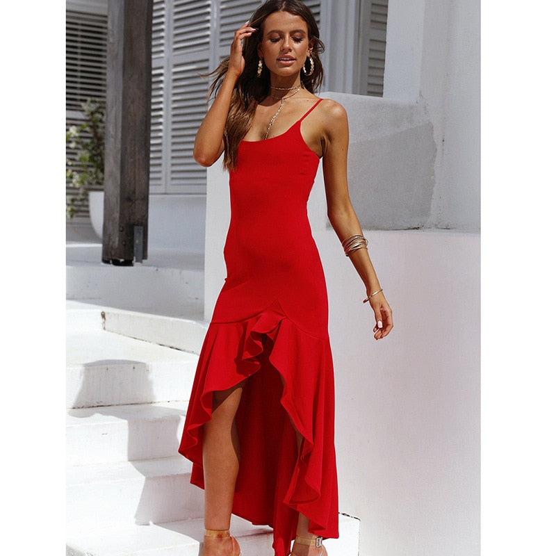 Lizakosht New Spring and Summer  Sexy Suspender Open Back Ruffle Irregular Sexy Beauty Women's Club Party Dress