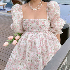 Summer Women Dress Both-Sides Wear Floral Print Chiffon Organza Dress Sexy Square Neck Puff Sleeve Party Prom Skirt Short Sweet