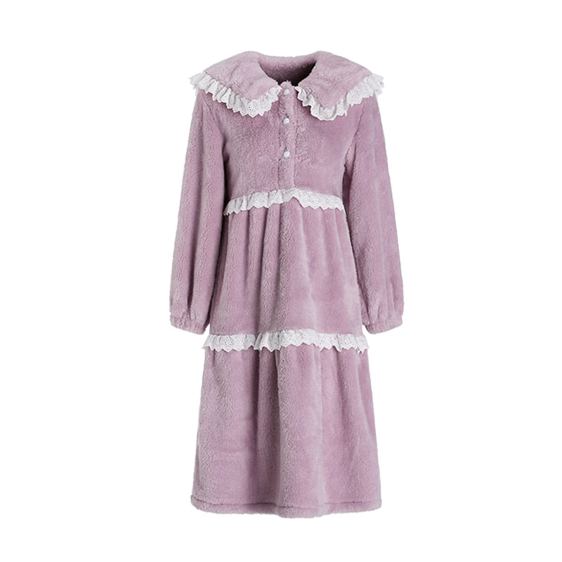 Lizakosht Lace Up Bathrobe Women's Thick Warm Winter Velvet Doll Collar Lace Splice Pleated Outwardly Wearable Nightdress Female Home Suit